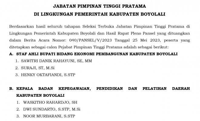 Pengumuman Hasil 3 Besar Seleksi Terbuka JPT Pratama Kab. Boyolali Tahun 2023